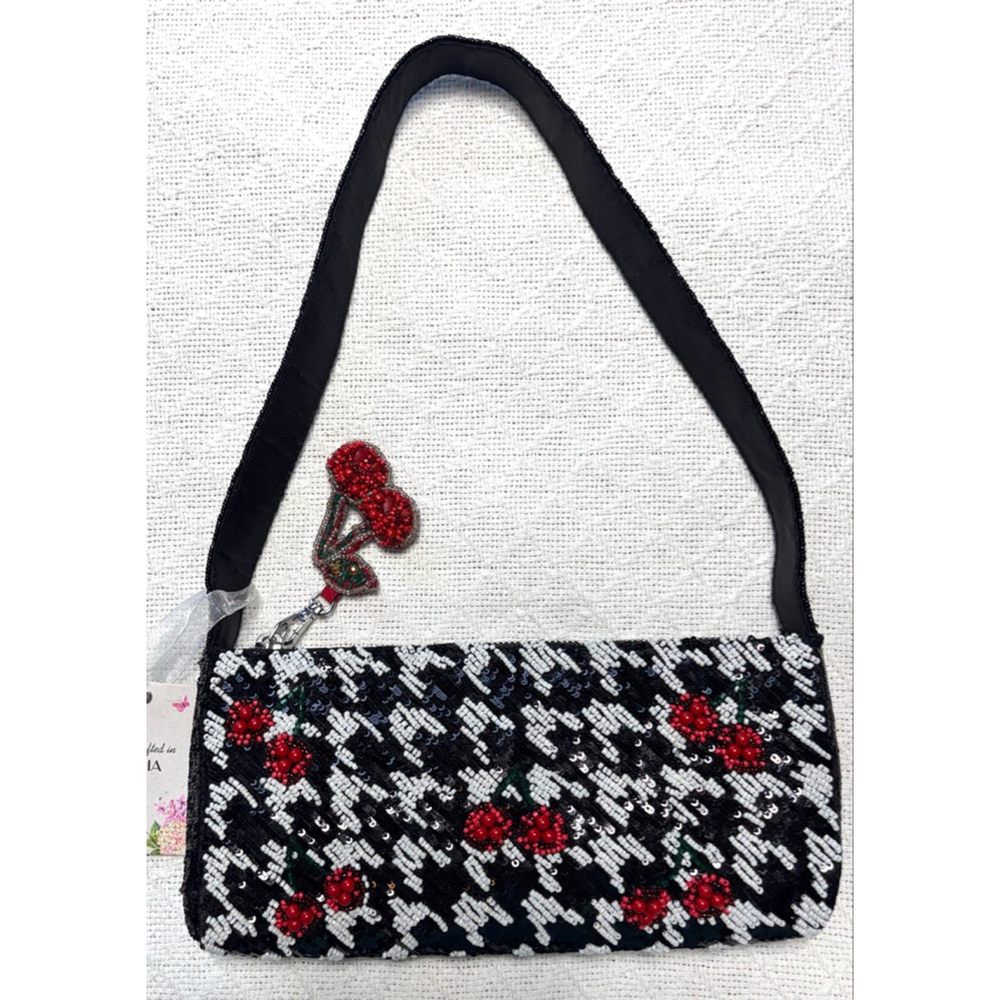Viral Tik Toc Famous Made In India Cherry Houndtooth Beaded Handbag w/Cherry - Picture 8 of 12